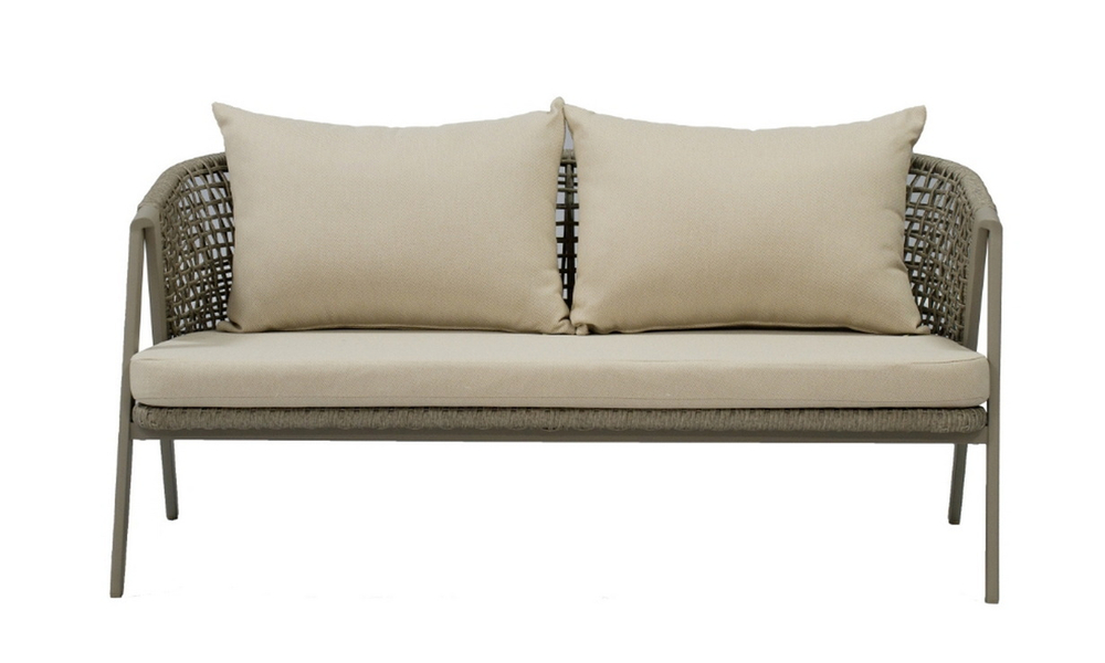 "Амстердам" диван 2-местный плетеный из роупа, каркас алюминий, роуп серый круглый, ткань серая