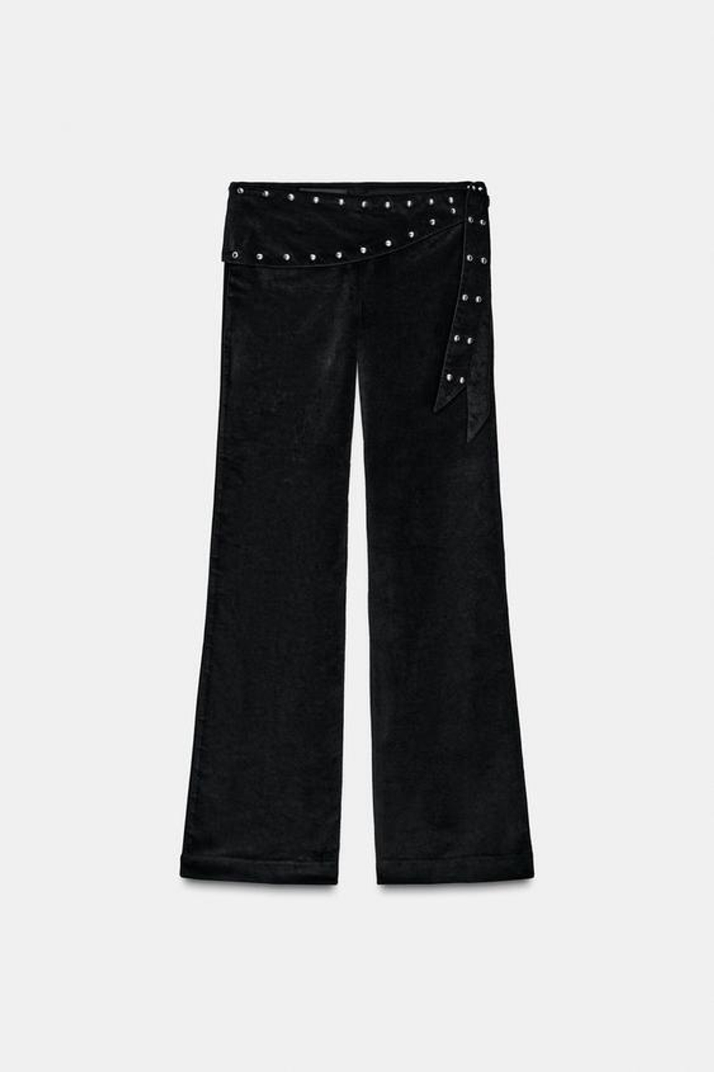 ZARA РАСКЛЕШЕННЫЕ БРЮКИ С ДЕКОРОМ ПАРЕО И ЗАКЛЕПКАМИ, ЧЕРНЫЙ