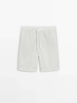 Massimo Dutti Шорты из хлопка и льна на шнурках, натуральный, кремовый