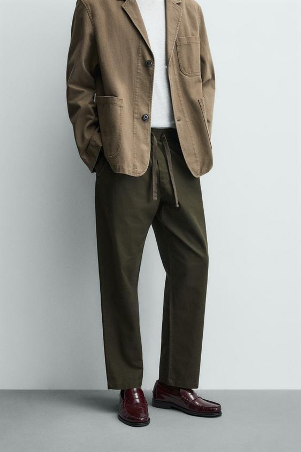 ZARA БРЮКИ RELAXED FIT ИЗ СМЕСИ ХЛОПКА, ТЕМНЫЙ ХАКИ