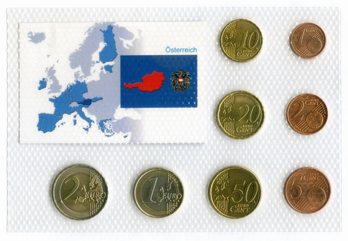 Набор из 8 евромонет Австрии 2010 года в оригинальном блистере