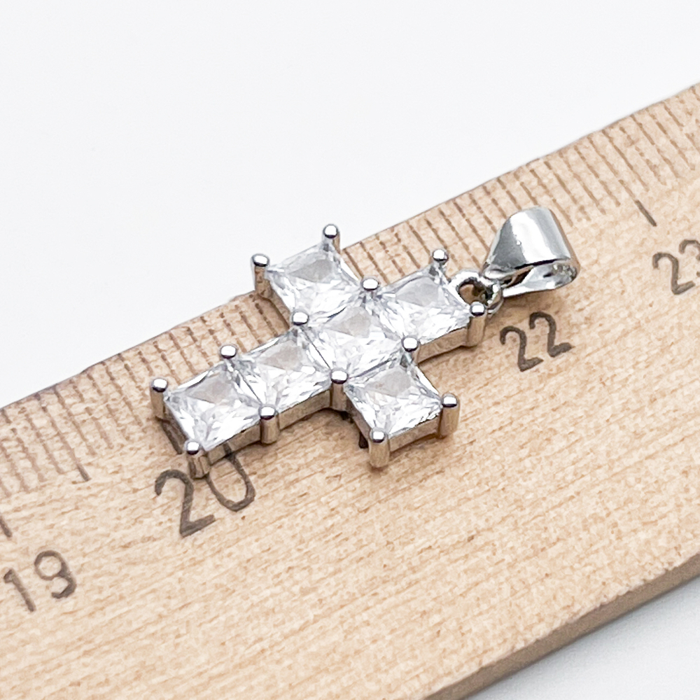 Подвеска Крест, цвет серебро (родий), фианиты, размер 20*14 мм + бейл 5 мм, цена за 1 шт
