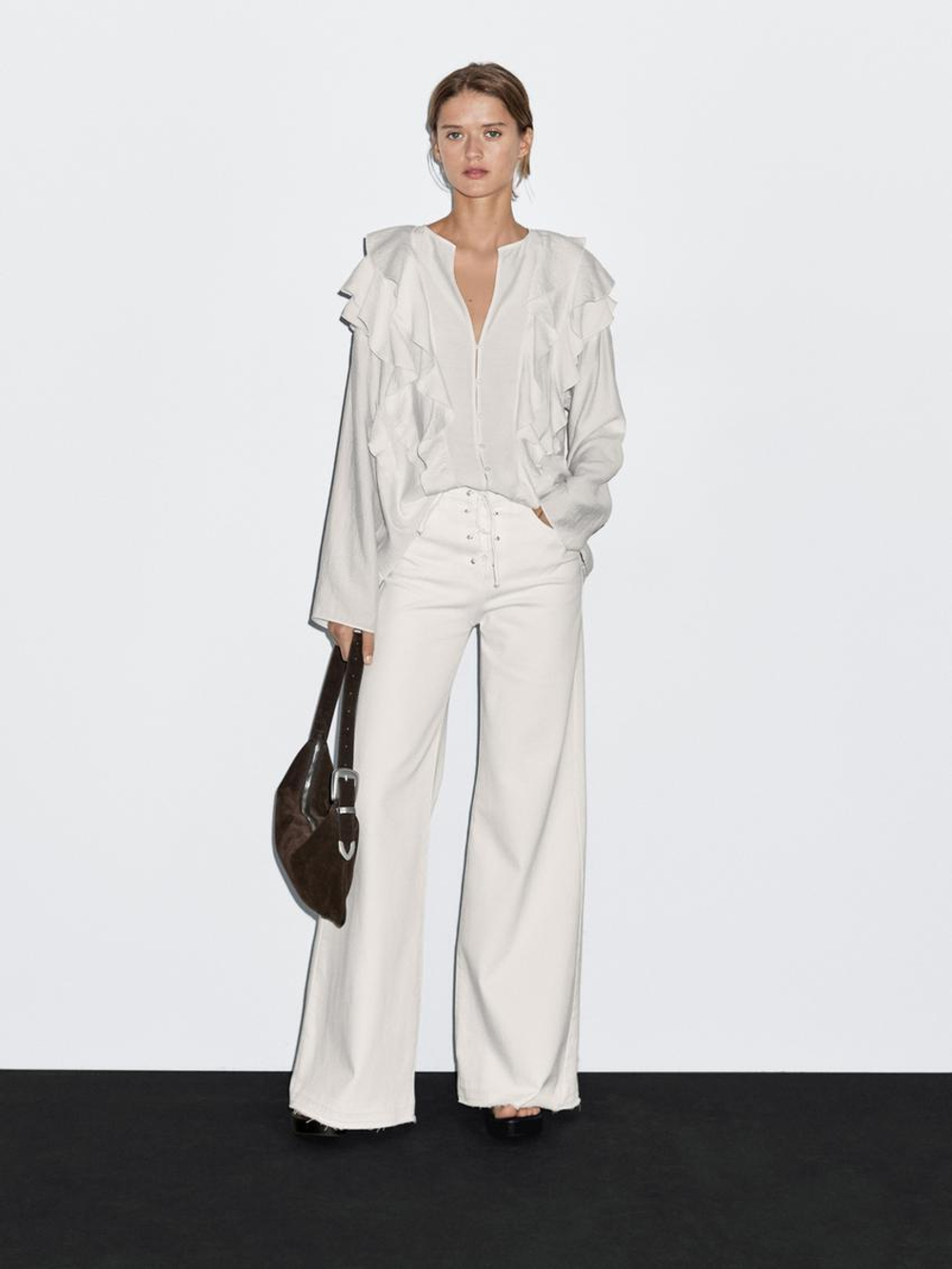 Massimo Dutti Блуза из струящейся ткани с воланами, белый