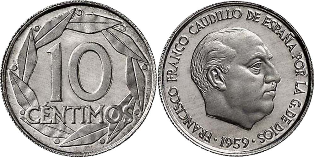 Испания 10 сентимо, 1959 Франсиско Франко XF