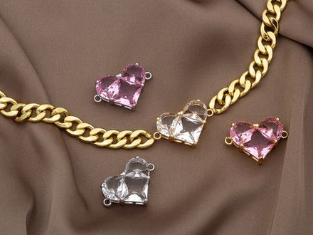 Коннектор-подвеска "Сердце" 18мм, с розовыми кристаллами