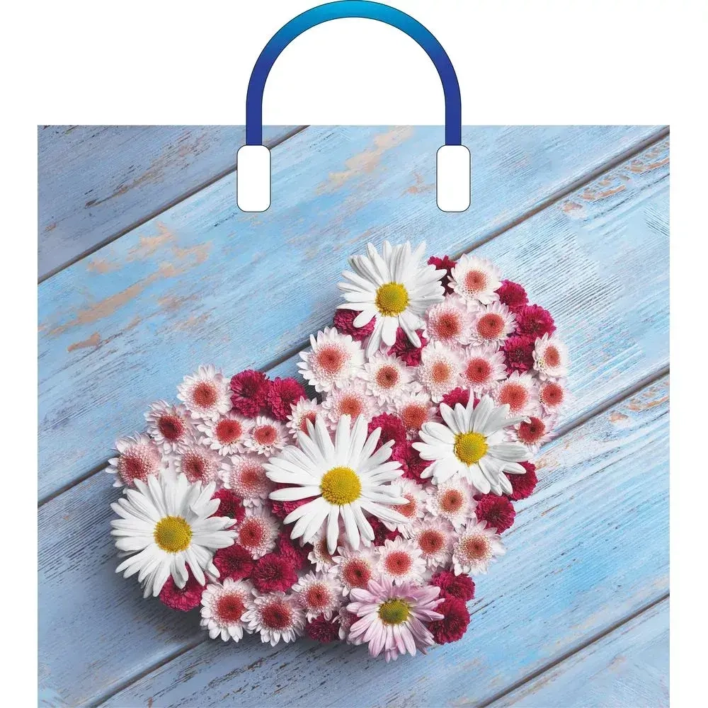 Пакет ПЭ с пластмассовыми ручками 38+3см Ромашковое сердце Глянцевый (комплект 10 шт)