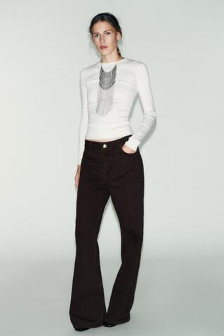 ZARA ФУТБОЛКА В РУБЧИК С ДЛИННЫМИ РУКАВАМИ, СЕРЫЙ МЕЛАНЖ