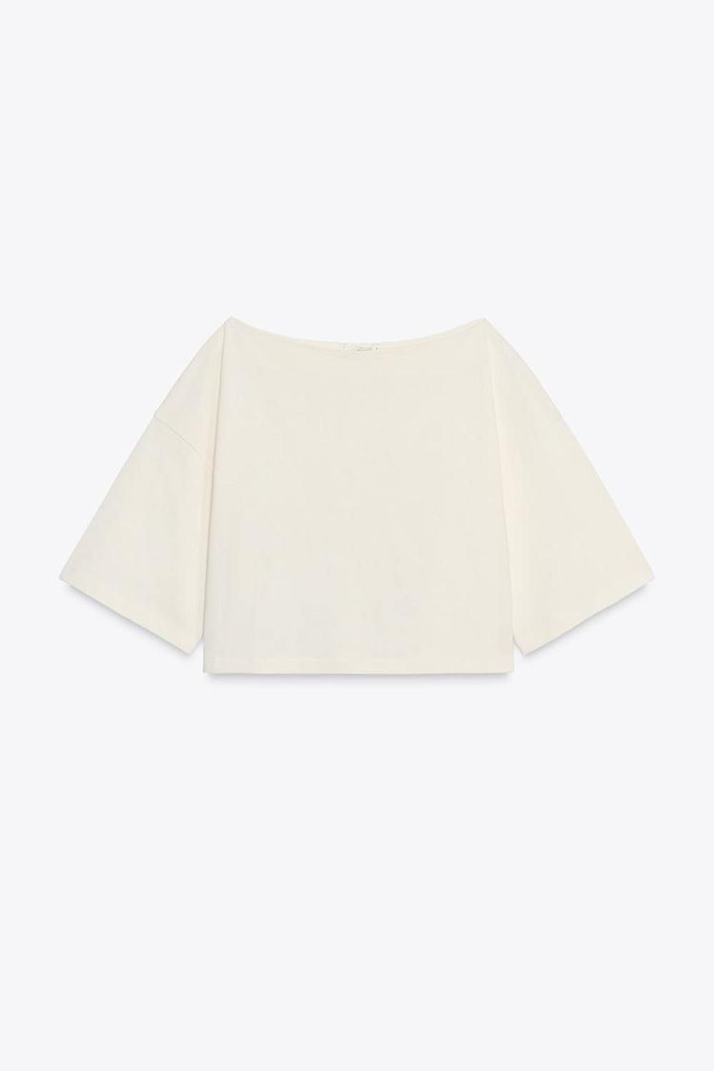 ZARA ХЛОПКОВАЯ ФУТБОЛКА С ВЫРЕЗОМ ЛОДОЧКОЙ, ЭКРЮ