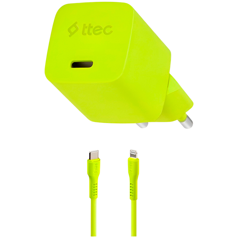 ttec SmartCharger GAN 20W PD Travel Fast Charger + USB-C - Lightning Cable 120cm, Neon Yellow