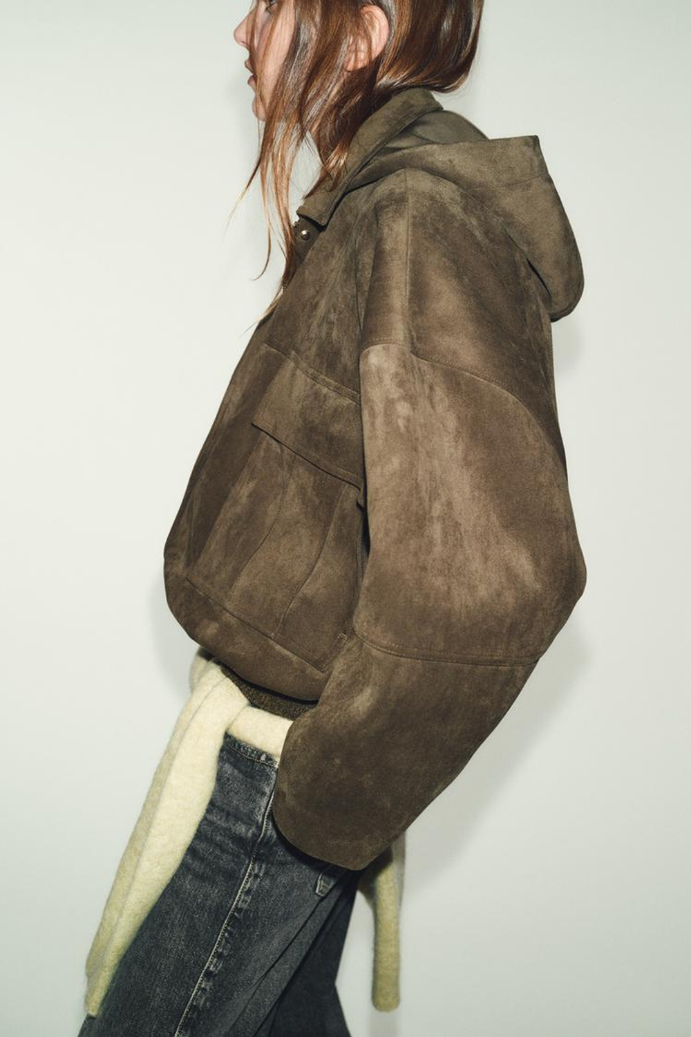 ZARA БОМБЕР ОВЕРСАЙЗ ИЗ ИСКУССТВЕННОЙ ЗАМШИ С КАПЮШОНОМ, ХАКИ