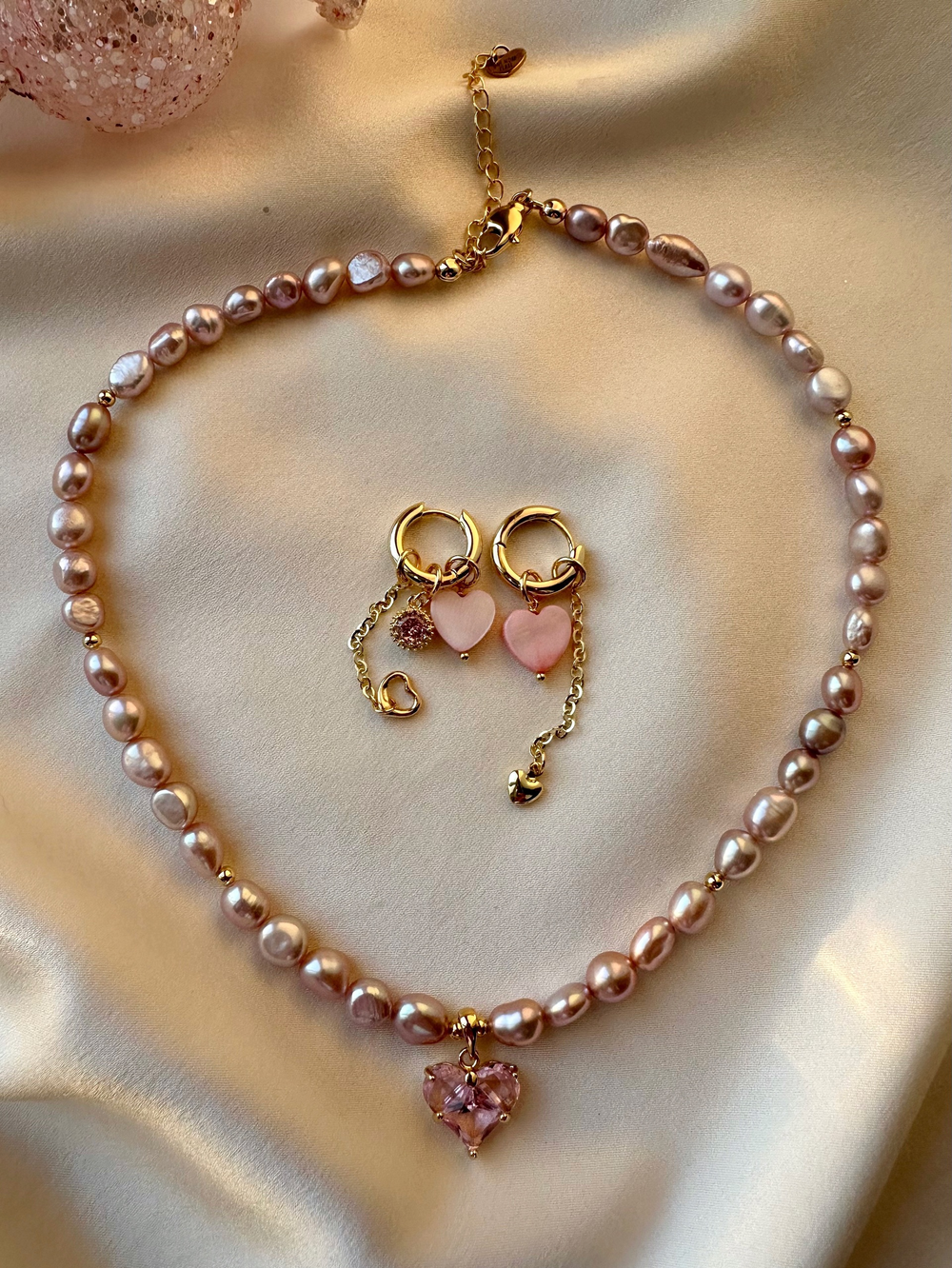 Ожерелье Розовое сердце из розового жемчуга