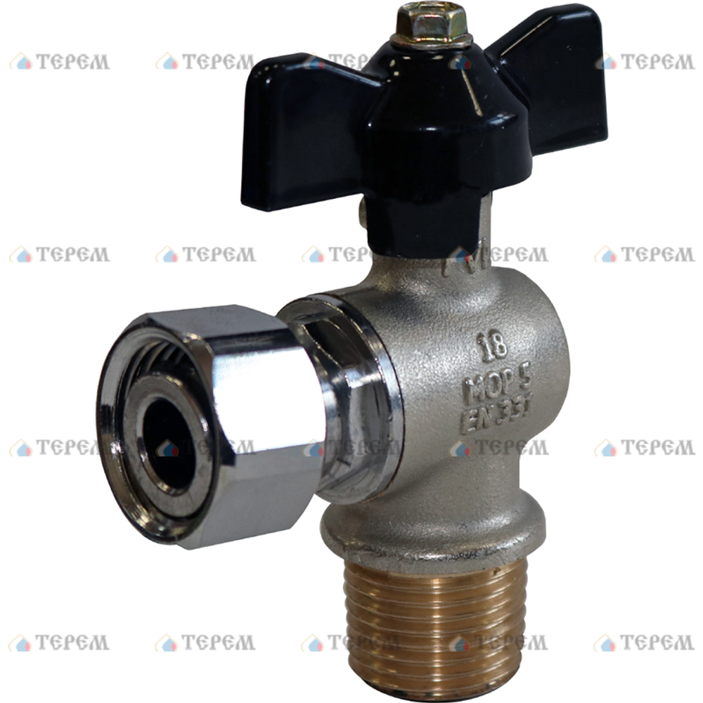 SVB-0010-000015 STOUT Кран шаровой с накидной гайкой угловой, НР/накидная гайка, ручка бабочка