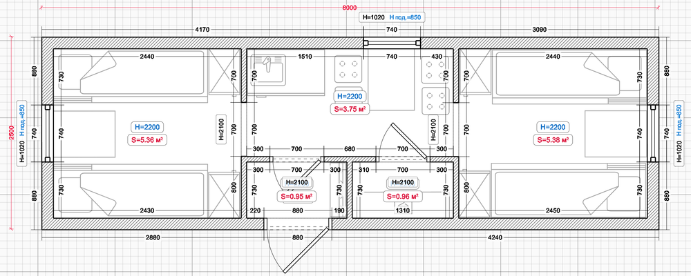 Вагон-дом 8х3м жилой на 8 человек с тамбуром