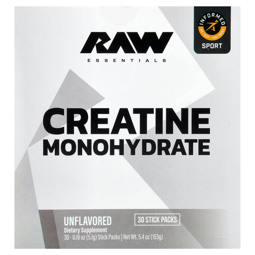 Raw Nutrition, Essentials, моногидрат креатина, без добавок, 30 пакетиков по 5,1 г (0,18 унции)