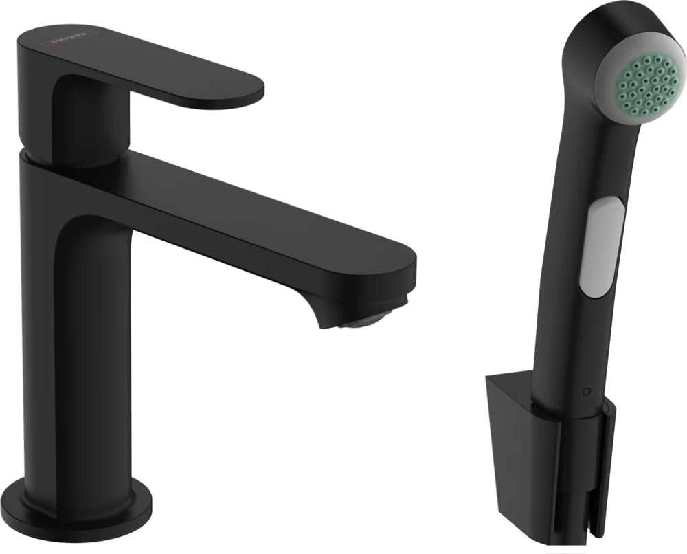 Смеситель для раковины hansgrohe Rebris S 110 без сливного гарнитура, с гигиеническим душем, матовый черный