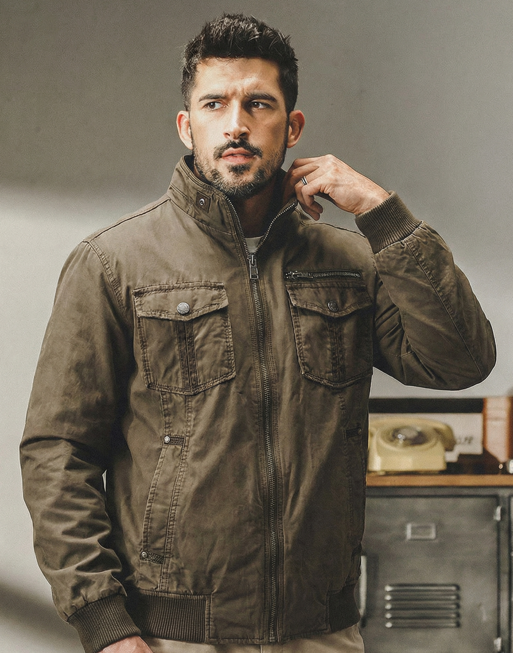 Мужская ветровка на резинке в Американском ретро-стиле из натурального хлопка без капюшона.