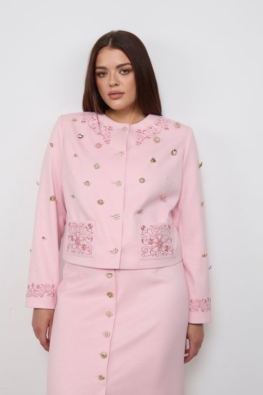Жакет укороченный с вышивкой и отделкой пуговицами, розовый