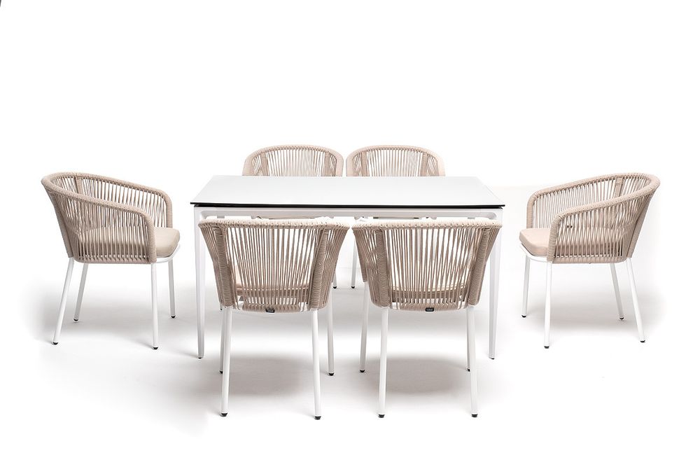 "Малага" обеденная группа на 6 персон со стульями "Марсель", каркас белый, роуп бежевый