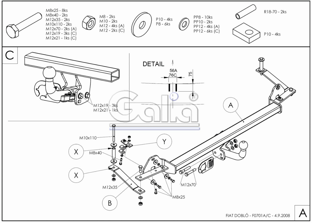 Фаркоп оцинкованный Galia F070C для FIAT Doblo 2001-2010(паспорт и сертификат в комплекте)(без электрики)