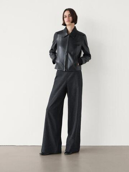 Massimo Dutti Куртка в байкерском стиле из кожи наппа, черный
