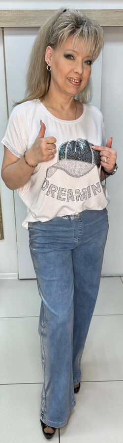 Синие джинсы-палаццо с блестящими лампасами