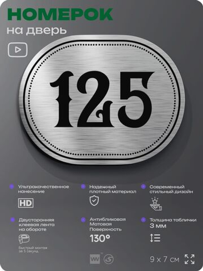 Номерок на дверь квартиры 125, для кабинета, офиса, шильдик 9 х 7 см, серебристый, Айдентика Технолоджи