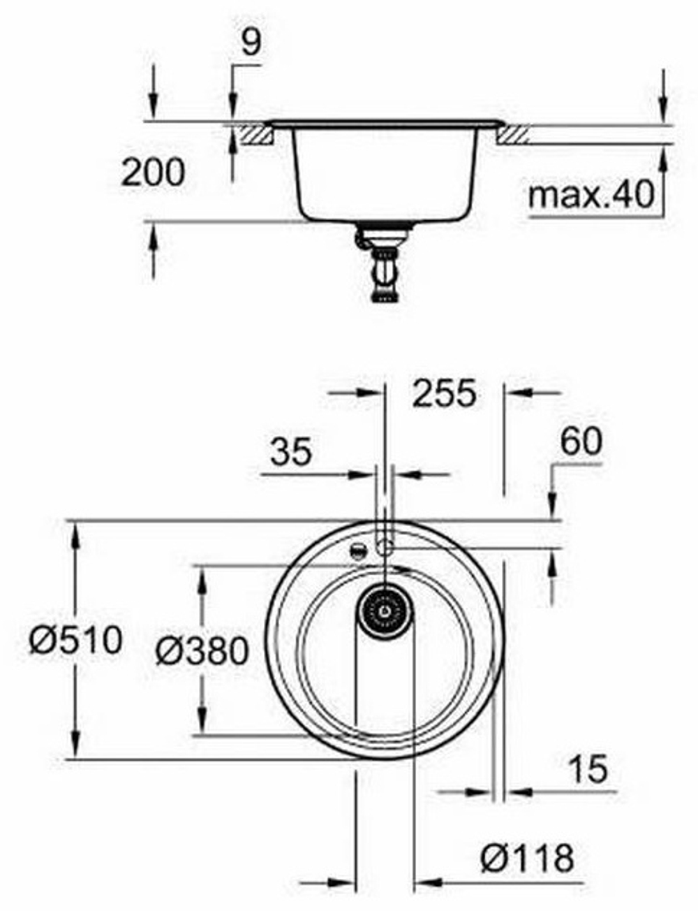 Мойка GROHE K200 с одной чашей, диаметр 510 мм, черный гранит (31656AP0)