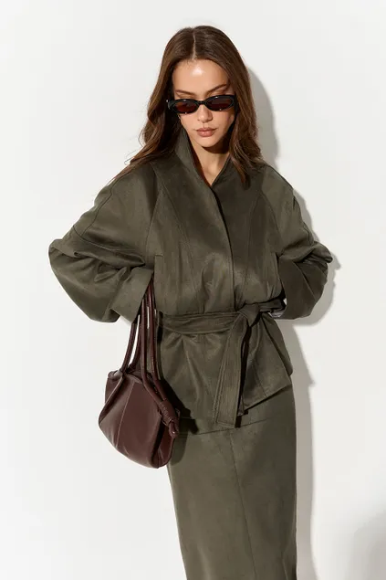 Куртка из экозамши с воротником стойкой цвета хаки