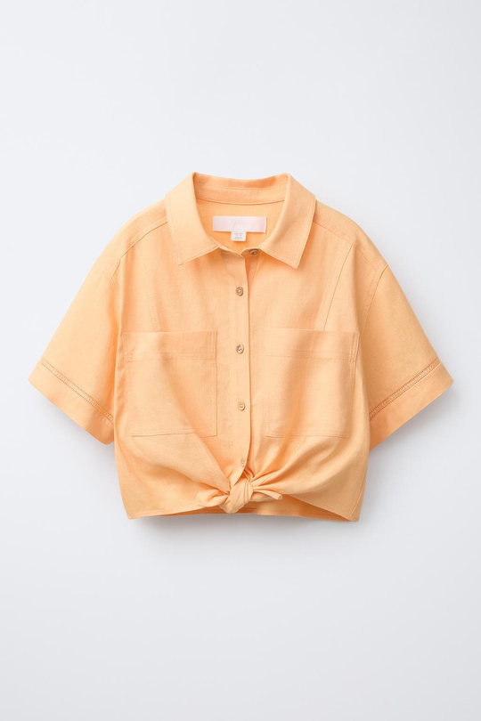 ZARA РУБАШКА ИЗ СМЕСОВОГО ЛЬНА С УЗЛОМ, МАНДАРИНОВЫЙ