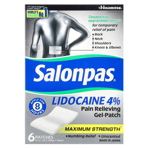 Salonpas, обезболивающий гель-патч с лидокаином, 4%, максимальная сила действия, без запаха, 6 шт.