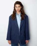 Пальто-жакет из шерсти елочка темно-синий