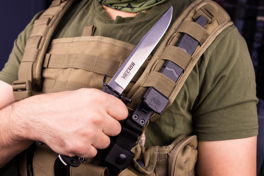 Нож Kizlyar Supreme VECTOR AUS-8 SW BKH PS (StoneWash, Black Kraton Handle, Polyamide Sheath)
