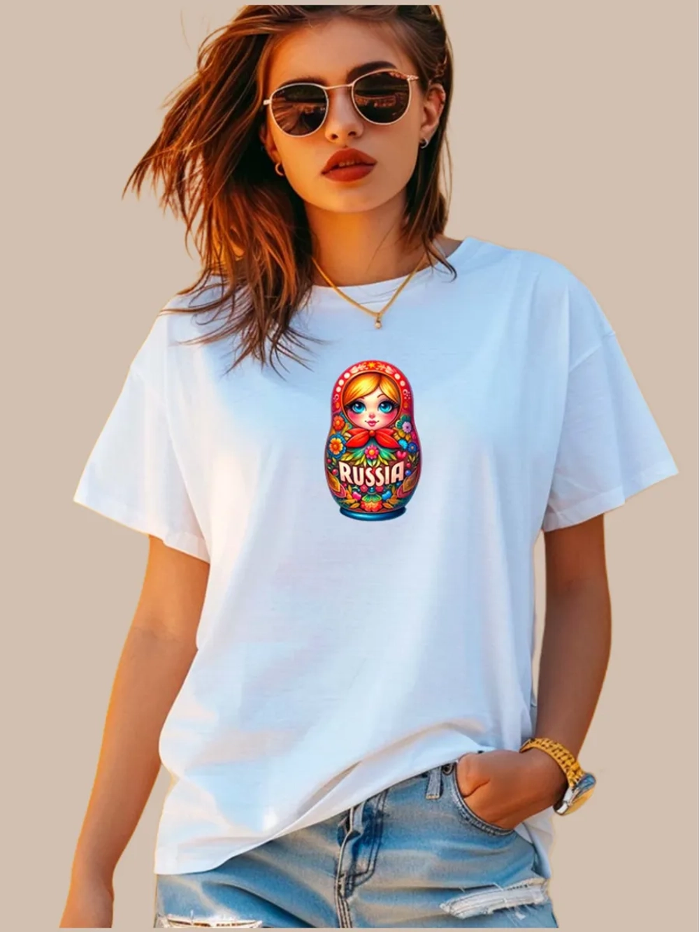 Футболка белая матрешка Russia