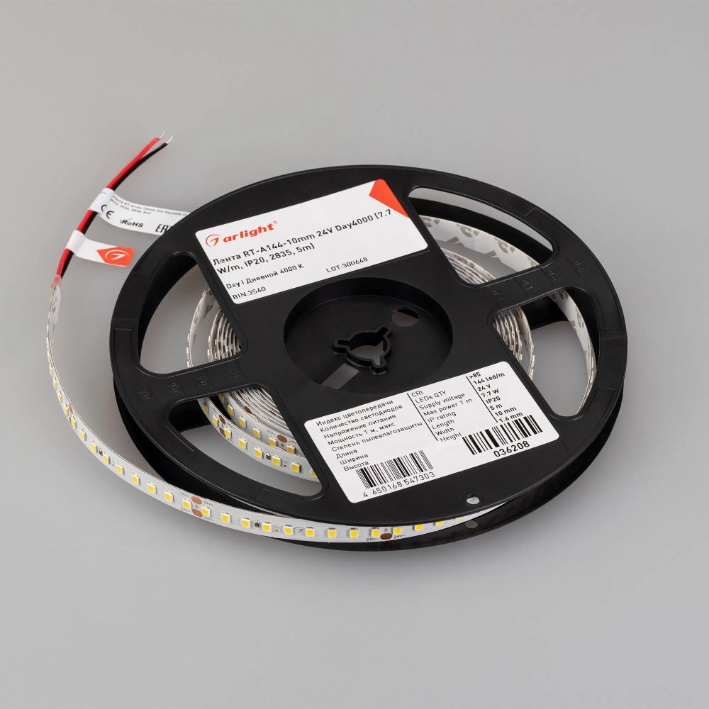 Светодиодная лента RT-A144-10mm 24V Day4000 (7.7 W/m, IP20, 2835, 5m) (Arlight, высок.эфф.200 лм/Вт) 036208