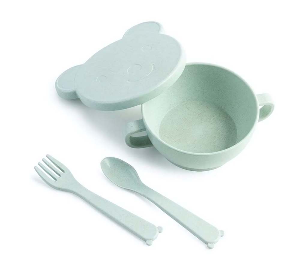 ЭКО посуда Bear (миска с крышкой 330мл, ложка и вилка) зеленый (П-Ц)