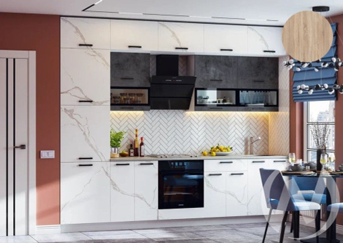 Кухня Техно 3м Компоновка №2 (белый/мрамор белый софт; бетон графит/сонома)