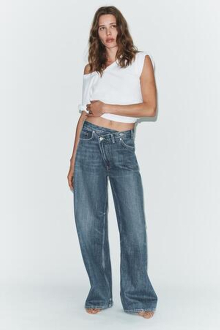 ZARA ДЖИНСЫ TRF WIDE LEG С ПЕРЕКРЕСТНЫМ ПОЯСОМ И ВЫСОКОЙ ПОСАДКОЙ, СЕРО-СИНИЙ