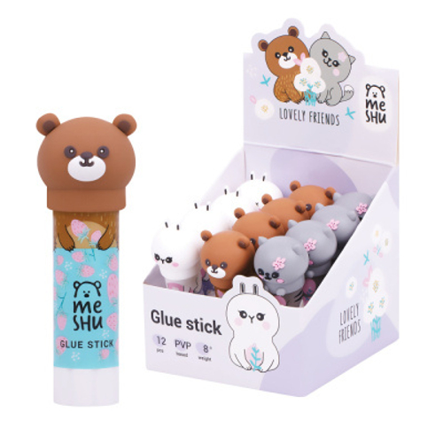 Клей-карандаш MESHU с топпером "Animals", 8г, дисплей бокс, ПВП, ассорти MS_45449