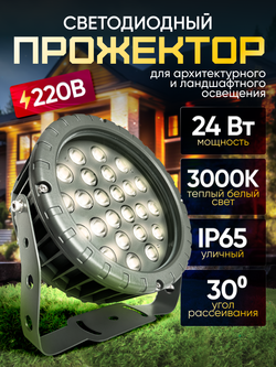 Прожектор для архитектурного и ландшафтного освещения 220V 24W 3000К теплый белый, угол 30 градусов