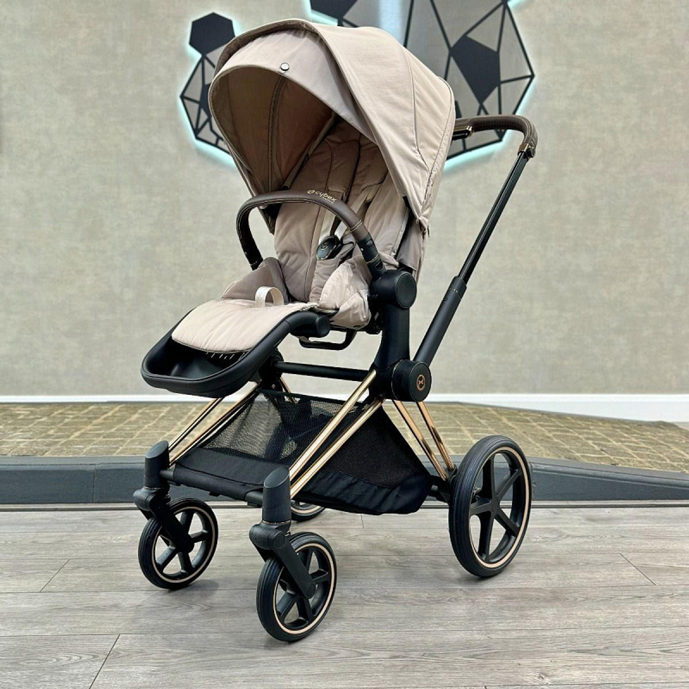Коляска 3 в 1 Cybex Priam IV Rosegold complete и автокресло Aton S2 i-Size Ocean Blue Cozy Beige