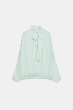 ZARA РУБАШКА С ЗАВЯЗКАМИ ZW COLLECTION, ЦВЕТ МОРСКОЙ ВОЛНЫ