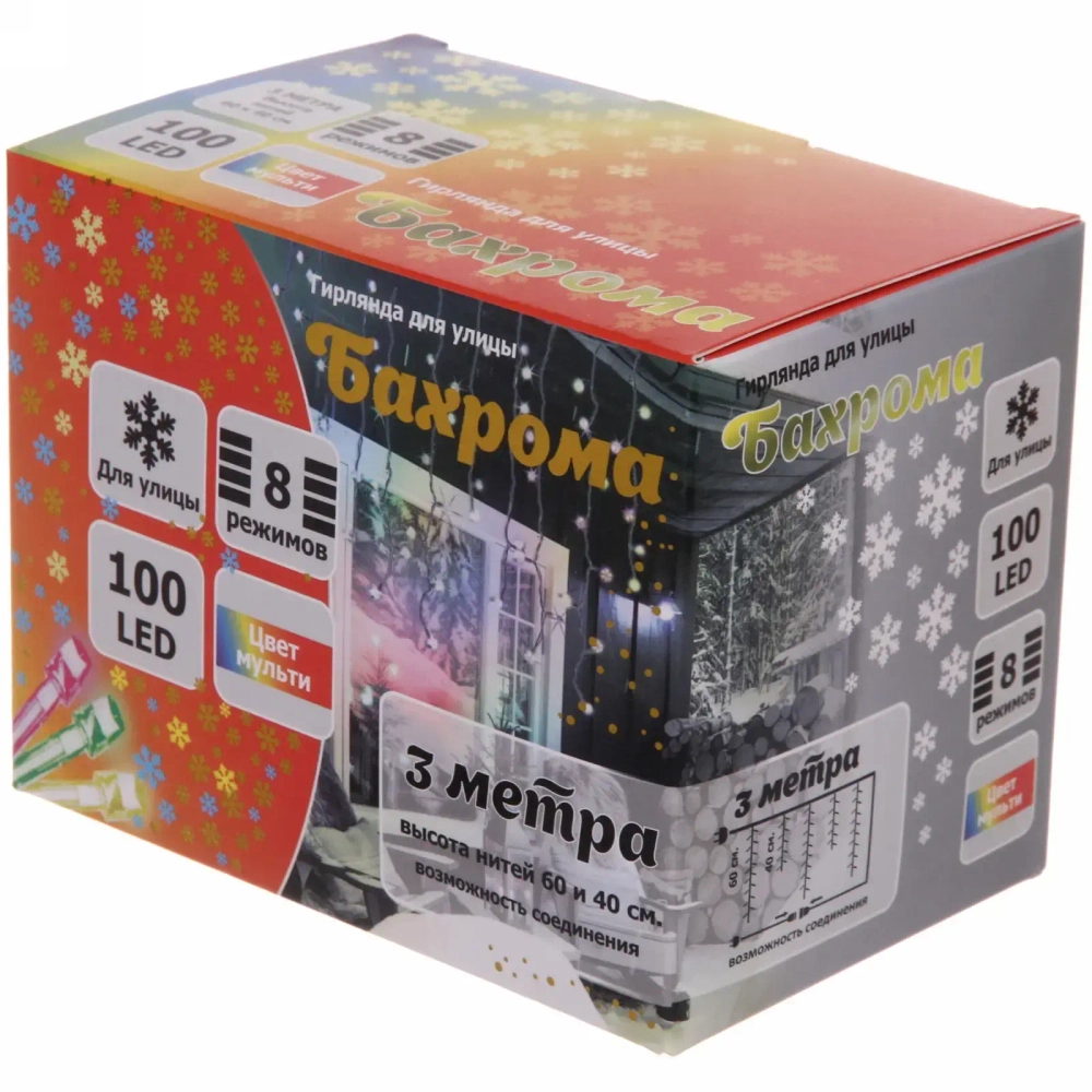 Гирлянда для улицы БАХРОМА ш3м* в40/60см 100 ламп LED, прозр. пров, 8 реж, IP-54, Мультицвет (возможность соединения)