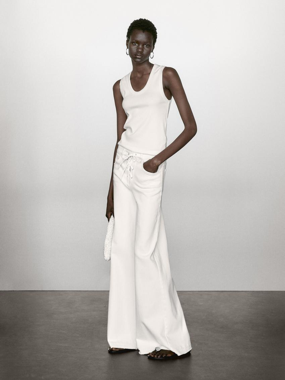 Massimo Dutti Топ из смесового хлопка с круглым вырезом, кремовый