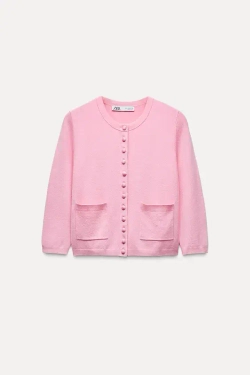 ZARA ОДНОТОННЫЙ КАРДИГАН С РУКАВАМИ 3/4, ЦВЕТ РОЗОВОГО МЕЛА