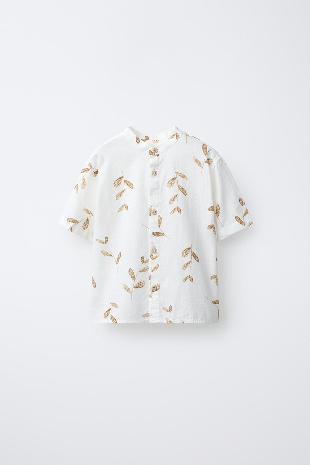 ZARA РУБАШКА С ВОРОТНИКОМ-СТОЙКОЙ И ПРИНТОМ «ЛИСТЬЯ», СВЕТЛО-БЕЖЕЫЙ