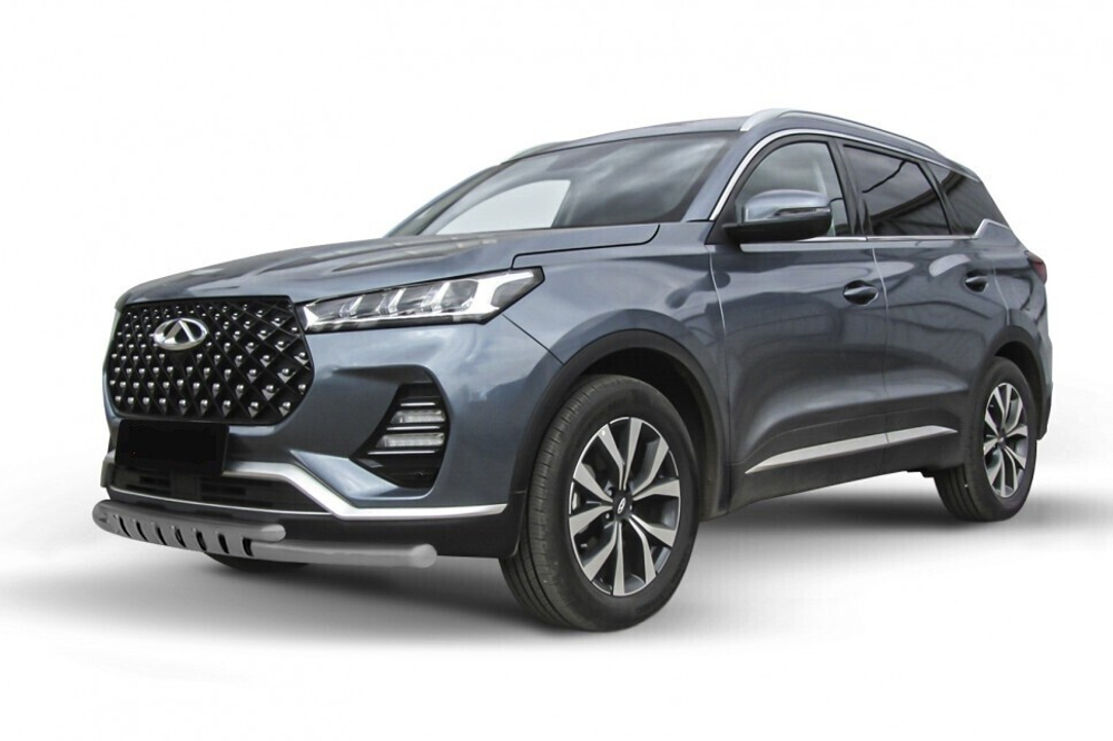 Защита переднего бампера Chery Tiggo 7 Pro (2020-2023) d57+d42 (с декор элем) серебристая