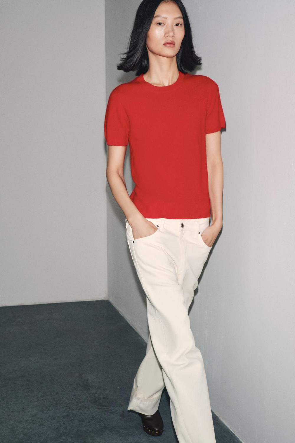 ZARA ДЖЕМПЕР ИЗ 100% КАШЕМИРА С КОРОТКИМИ РУКАВАМИ, КРАСНЫЙ