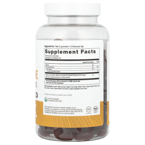 Om Mushrooms, Жевательные мармеладки с грибами из львиной гривы, клубника, 60 веганских жевательных мармеладок (0,5 г в 1 жевательной мармеладке)