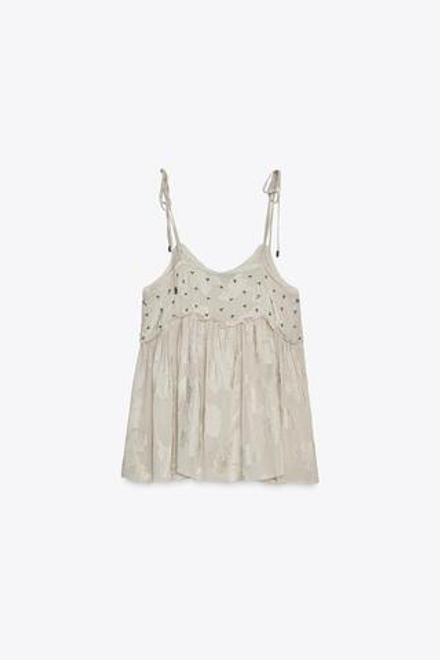ZARA ЖАККАРДОВЫЙ ТОП НА БРЕТЕЛЯХ — ZW COLLECTION, ЖЕМЧУЖНО-СЕРЫЙ