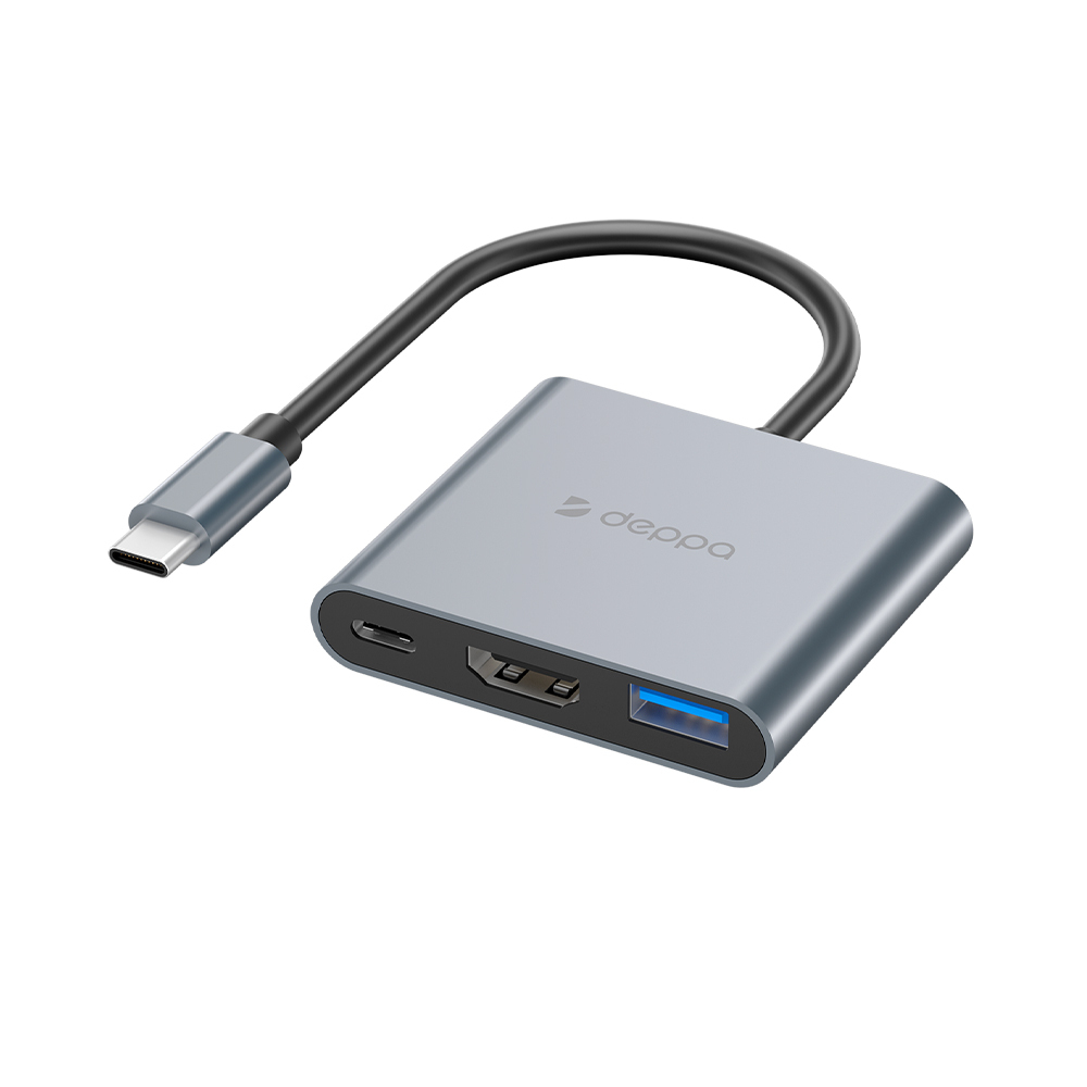 USB Type-C хаб 3 в 1 , HDMI, USB 3.0, Power Delivery, 87Вт, серый